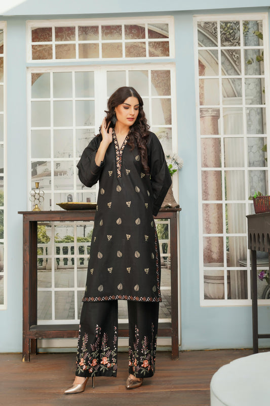 Noir Bloom Elegance – 2-Pc Embroidered Kurti Set: A-279-11