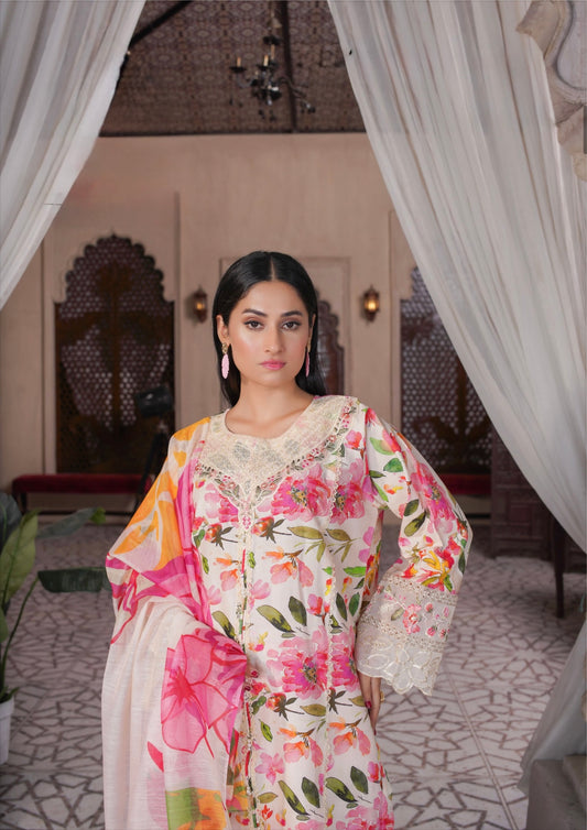 Blossom Veil Lawn Suit 3Pc: A-279-12