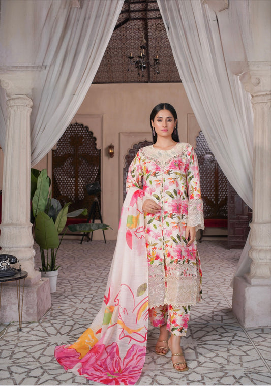 Blossom Veil Lawn Suit 3Pc: A-279-12