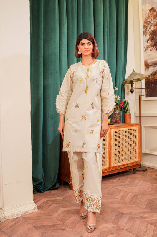 Tussle Neck Embroidered 2PC: A-279-02
