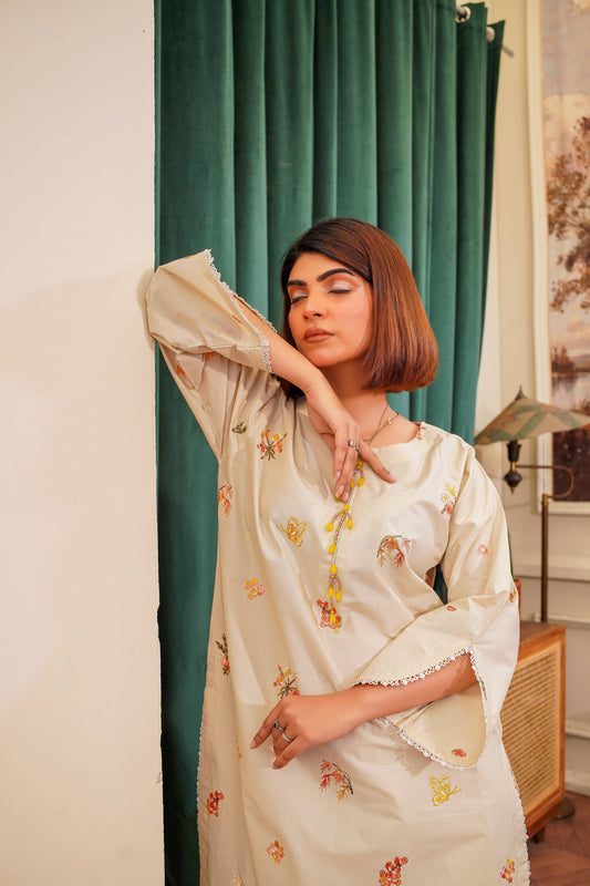 Tussle Neck Embroidered 2PC: A-279-02